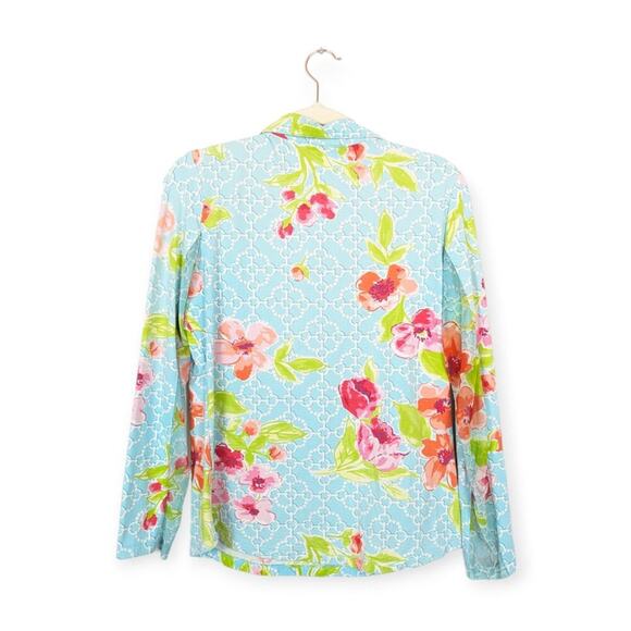 IBKÜL Aqua Blue & Pink Floral Print Quarter Zip Long Sleeve Sun Shirt - Picture 2 of 8